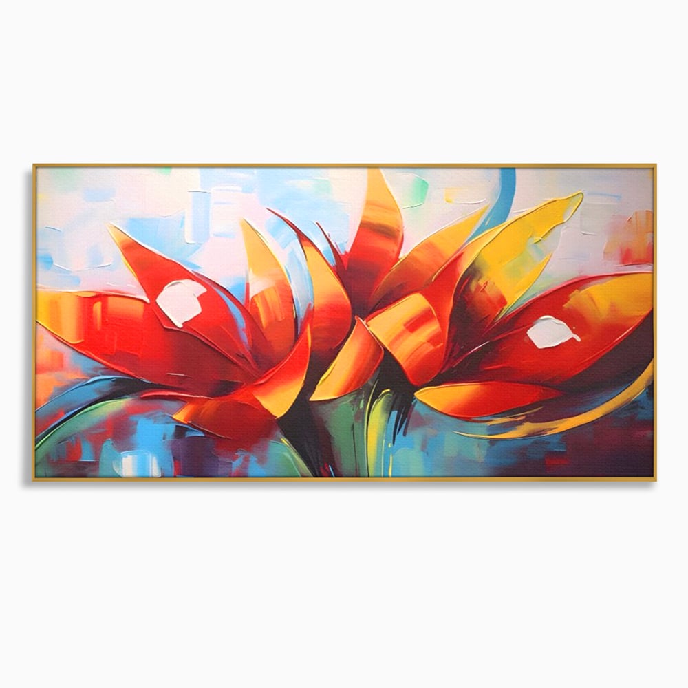 Tablou canvas cu pictura abstracta cu flori portocalii, in rama de aluminiu auriu